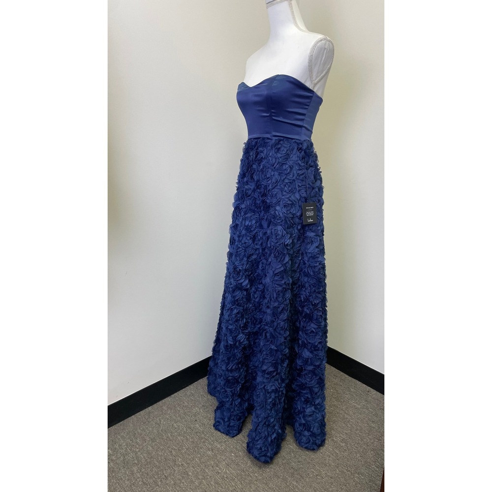 NEW Lulus Navy Blue Satin Strapless 3D Rosette Floral Maxi Gown XS Dress - Picture 3 of 16